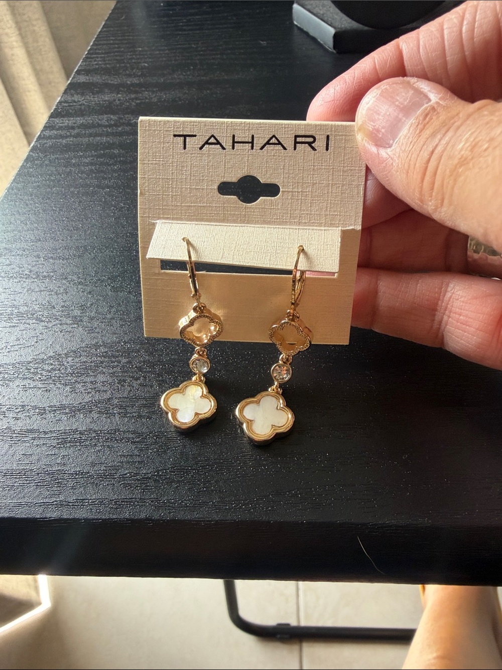 Tahari Gold and White Mother-of-Pearl Clover Drop Earrings